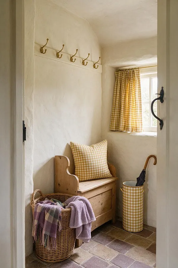 A small cottage-style mudroom with cream plaster walls, a row of brass coat hooks, and a natural wood storage bench topped with a gingham cushion. A wicker basket filled with folded towels sits beside the bench, while a matching gingham umbrella stand stands near a bright window with yellow check curtains.
