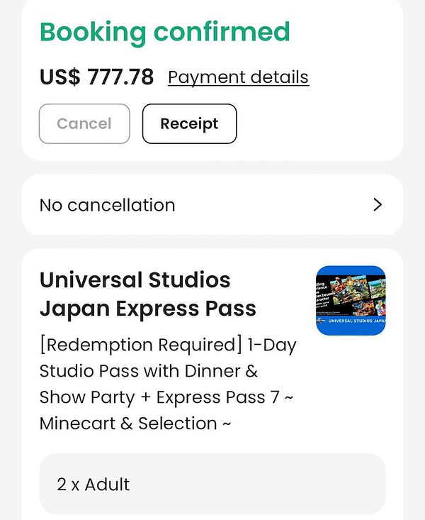 The image displays a booking confirmation for Universal Studios Japan tickets.