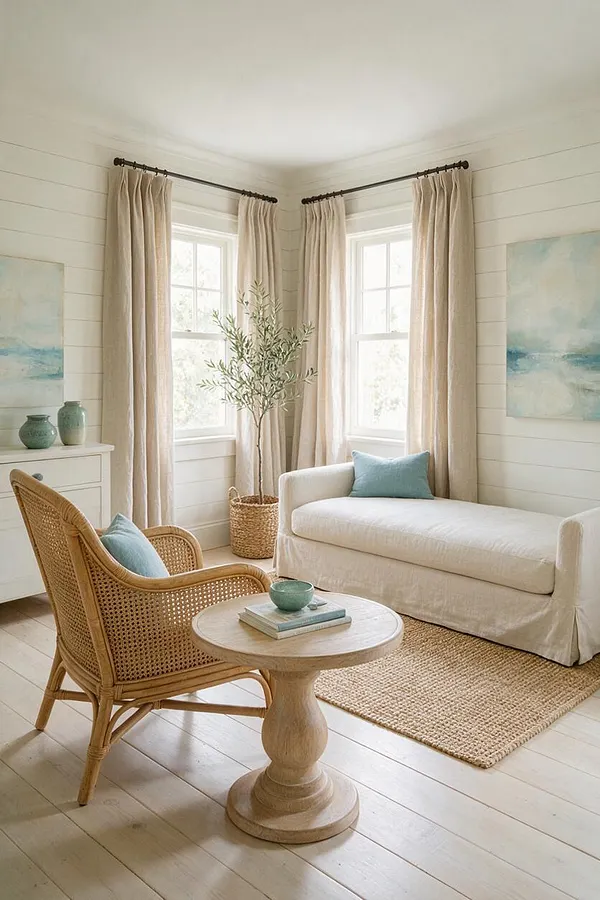 A bright coastal guest bedroom with white shiplap walls, cream curtains, and soft natural light from two windows. The room includes a white daybed with a blue accent pillow, a woven cane chair, a light wood pedestal table, jute rug, and subtle blue sea-inspired artwork.