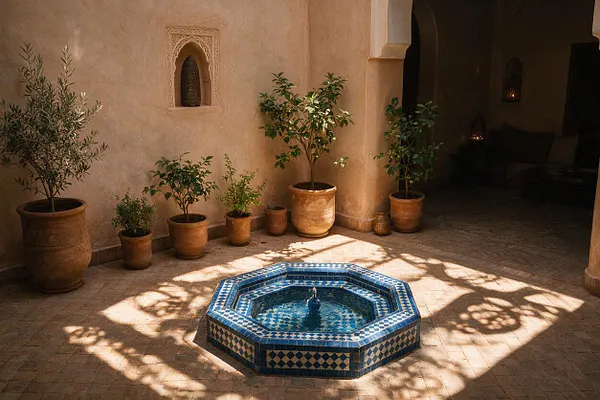 A sunlit Moroccan-style courtyard with beige plaster walls, terracotta potted trees and shrubs, and a small octagonal fountain covered in blue-and-white zellige tile at the center. Dappled shadows fall across the warm tiled floor, while a shaded archway opens into a darker seating area in the background.