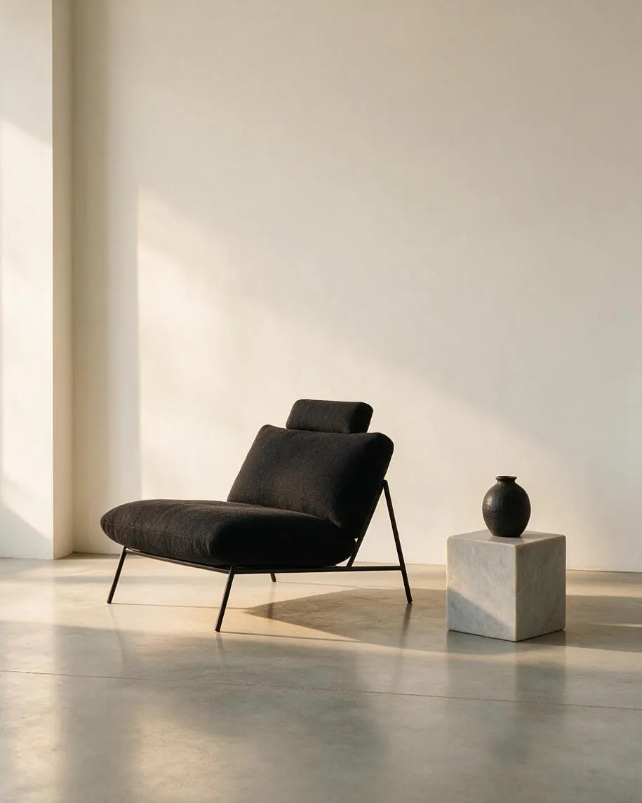 A minimalist room with a sculptural black upholstered lounge chair on thin metal legs, placed beside a small marble cube pedestal holding a matte black vase. The space has pale walls, a polished concrete floor, and soft sunlight creating gentle shadows.