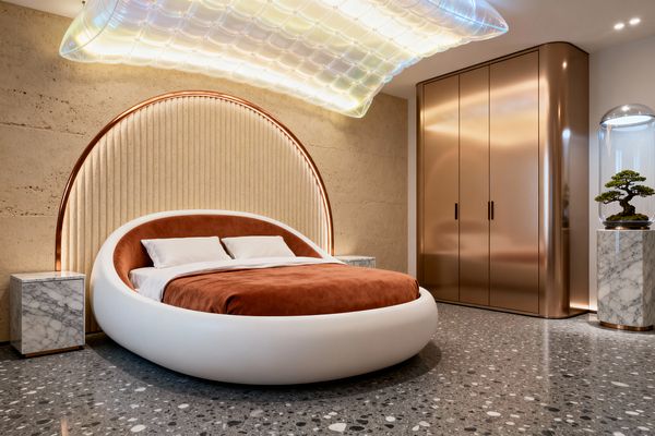 A futuristic bedroom features a white pod-shaped bed with rust velvet bedding before a ribbed beige semicircular headboard framed by a rose-gold LED arch. Marble cube nightstands sit on each side; a brushed bronze wardrobe occupies the right wall, an iridescent translucent ceiling fixture glows overhead, gray terrazzo covers the floor, and a bonsai under a glass cloche stands on a marble pedestal.
