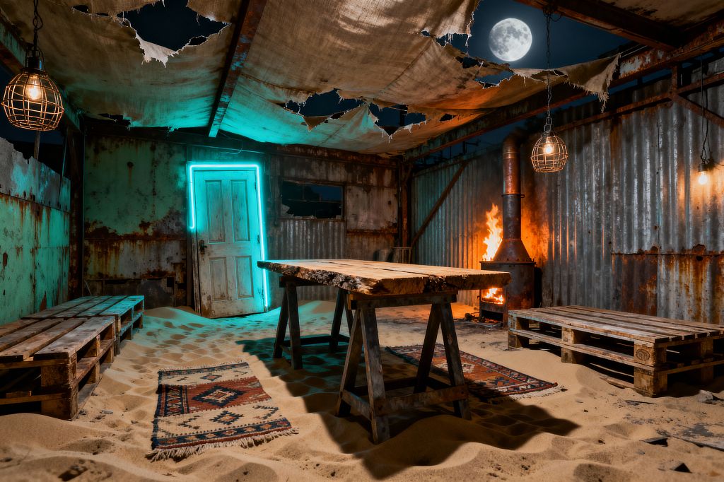 A sand-filled dining space sits inside a rusted corrugated-metal shack with a torn canvas roof open to the moon. A live-edge wood table on steel trestles stands between pallet benches and patterned kilim rugs, lit by caged pendant bulbs, the orange glow of a wood-burning stove, and a teal neon outline around a weathered door.