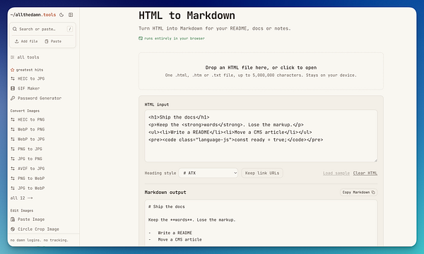 A web tool interface that converts HTML to Markdown, showing HTML input and the resulting Markdown output.