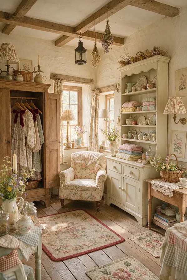 A cozy cottagecore closet with exposed wood beams, white plaster walls, and a rustic wooden armoire filled with floral dresses. A cream armchair, painted shelving with folded blankets and teacups, dried flowers, and soft botanical textiles create a warm, vintage-inspired atmosphere.