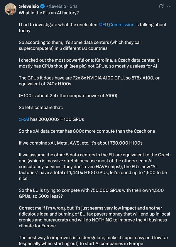 A Twitter post discussing the European Commission's 'AI Factories' plan and its implications for AI infrastructure in Europe.