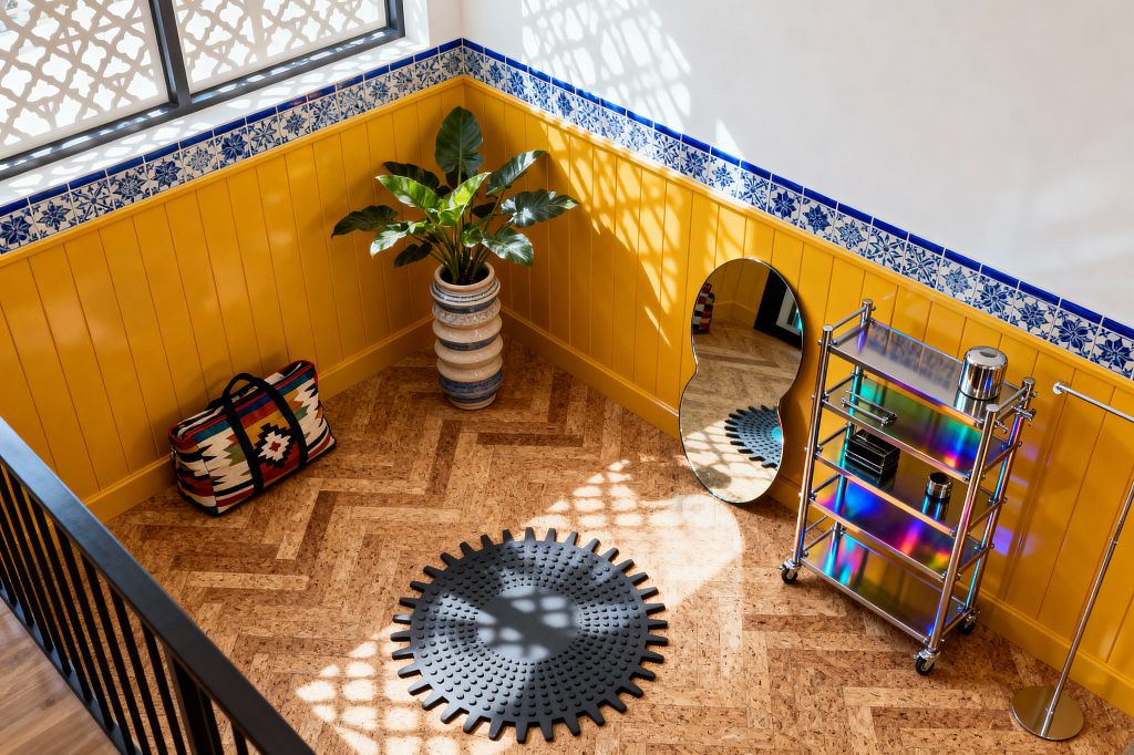 Bright home gym with herringbone cork floor and a round charcoal rubber mat, bounded by mustard yellow panel wainscoting topped with a blue-and-white floral tile border and white walls. A curvy full-length mirror, chrome rolling cart with iridescent shelves, freestanding towel bar, large striped ceramic planter with leafy plant, patterned duffel bag, and a window casting lattice shadows create a layered maximalist look.