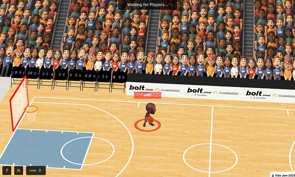 A virtual basketball court scene with a player dribbling a ball in front of a cheering crowd.