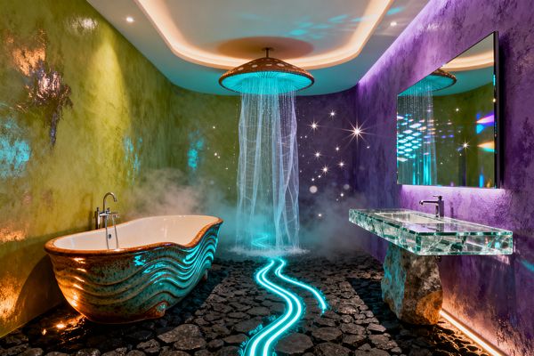An immersive psychedelic bathroom with acid-green and purple textured walls features a wave-like glazed ceramic bathtub, a large glowing dome rain shower with mist, and a floor of black cobblestones crossed by a neon cyan river of light. A faceted glass sink sits on a rough stone pedestal beneath a wide LED-lit mirror, while tiny star-like lights sparkle on the wall and warm cove lighting rounds the ceiling.