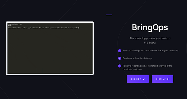 The image features a terminal window alongside a promotional section for BringOps, detailing a candidate screening process.