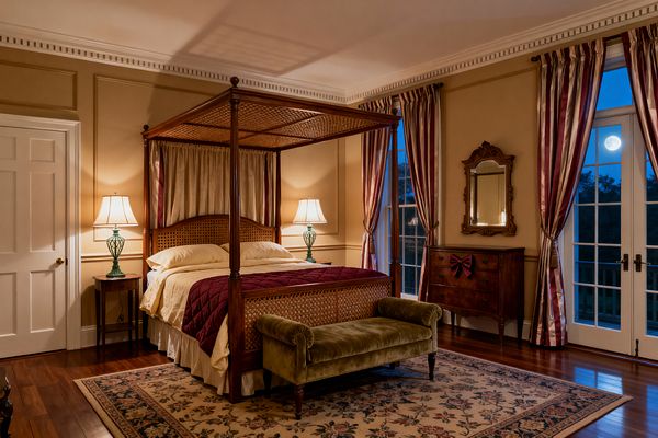 A traditional bedroom at night features a dark wood four-poster canopy bed with woven cane panels, cream bedding, and a burgundy quilt. An olive green velvet bench sits on a floral rug over polished hardwood floors. Matching bedside tables hold green lamps with white shades. Red-and-ivory striped curtains frame tall French doors and windows. A carved dresser and gilded mirror line one wall, with decorative moldings and warm beige paint throughout.