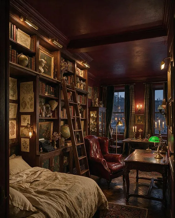 A compact studio apartment styled like a vintage scholar’s retreat, with floor-to-ceiling dark wood bookshelves, a wooden ladder, a leather wingback chair, and a small bed tucked along the left wall. Brass lamps, framed art, globes, candles, and deep green curtains frame tall windows, creating a warm, moody atmosphere.