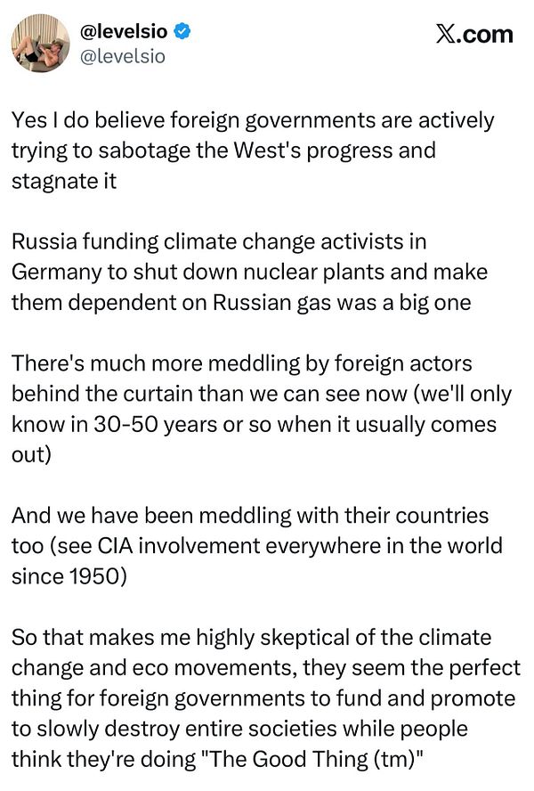 A tweet discussing foreign interference in environmental movements, particularly highlighting Russian influence.