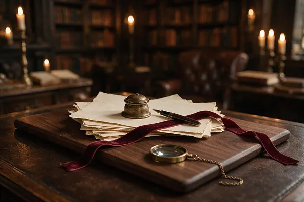 A moody dark academia still life shows a wooden writing board on a dark desk, topped with stacked cream paper, a vintage ink bottle, and a fountain pen tied with burgundy ribbon. A brass magnifying glass rests in front, while blurred bookshelves and candlelight glow in the background.