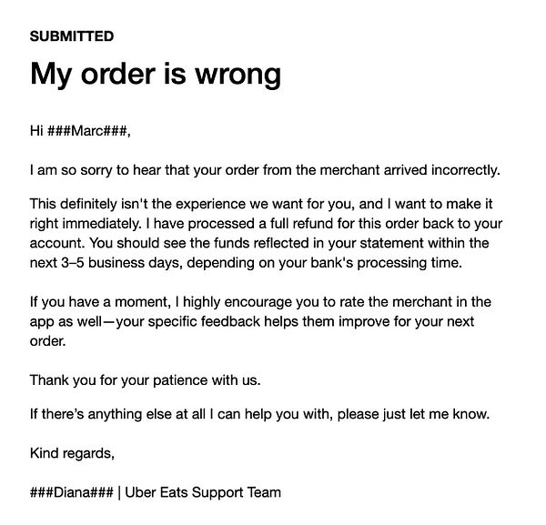 Screenshot of an Uber refund confirmation email with a detailed refund receipt.
