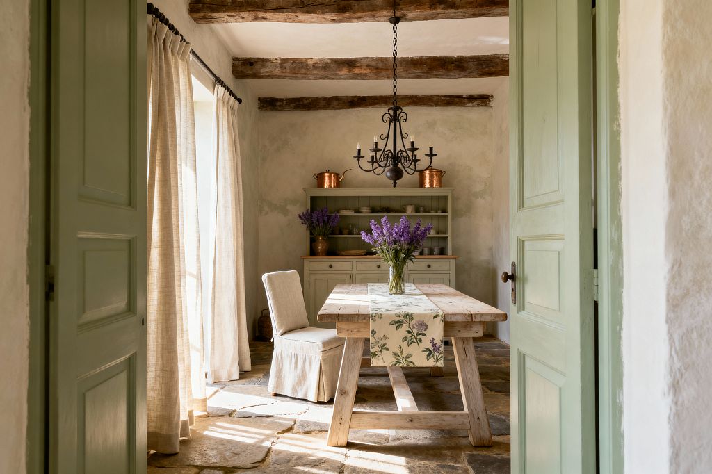 A cozy French Country dining room framed by pale green doors, featuring a weathered timber trestle table with a floral runner and a glass vase of lavender. A slipcovered linen chair sits beside the table, while a sage-green hutch with copper pots anchors the back wall. Exposed wood ceiling beams, textured plaster walls, stone flagstone floors, and an ornate black wrought-iron chandelier complete the softly sunlit space with natural linen curtains.