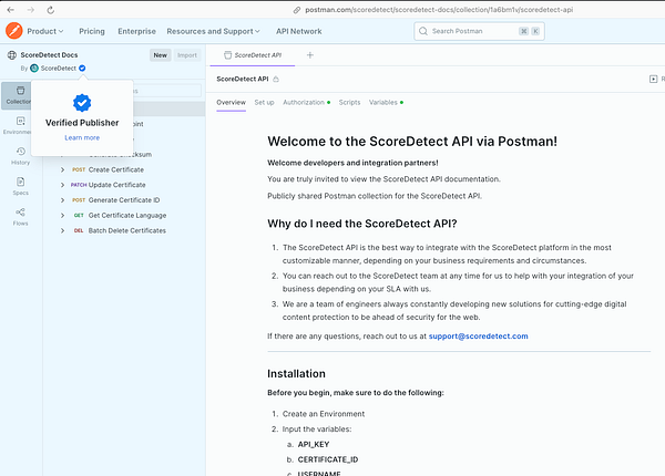 The image displays the ScoreDetect API documentation interface on Postman, highlighting its features and installation instructions.