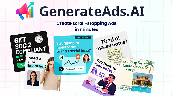 The image promotes GenerateAds.AI, showcasing various ad templates and features for creating marketing content quickly.