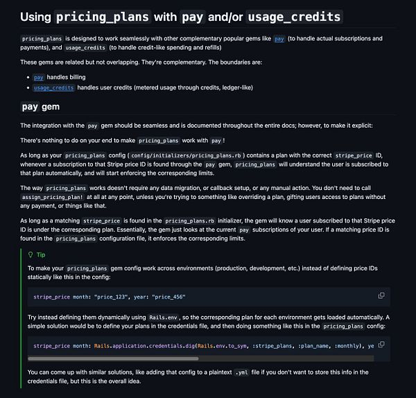 Screenshot of a pricing_plans documentation page from GitHub showing instructions about the pay gem integration.