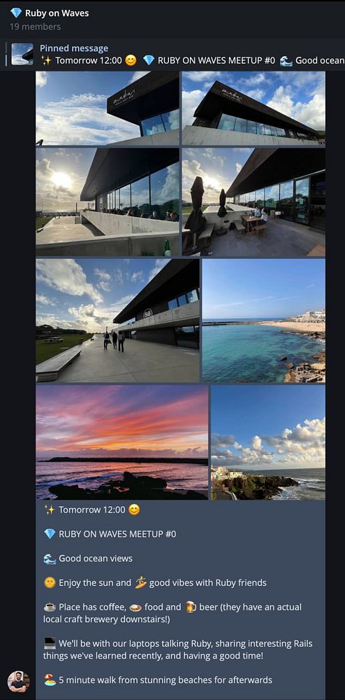 A digital message board displays details about a Ruby meetup event with scenic images and information.