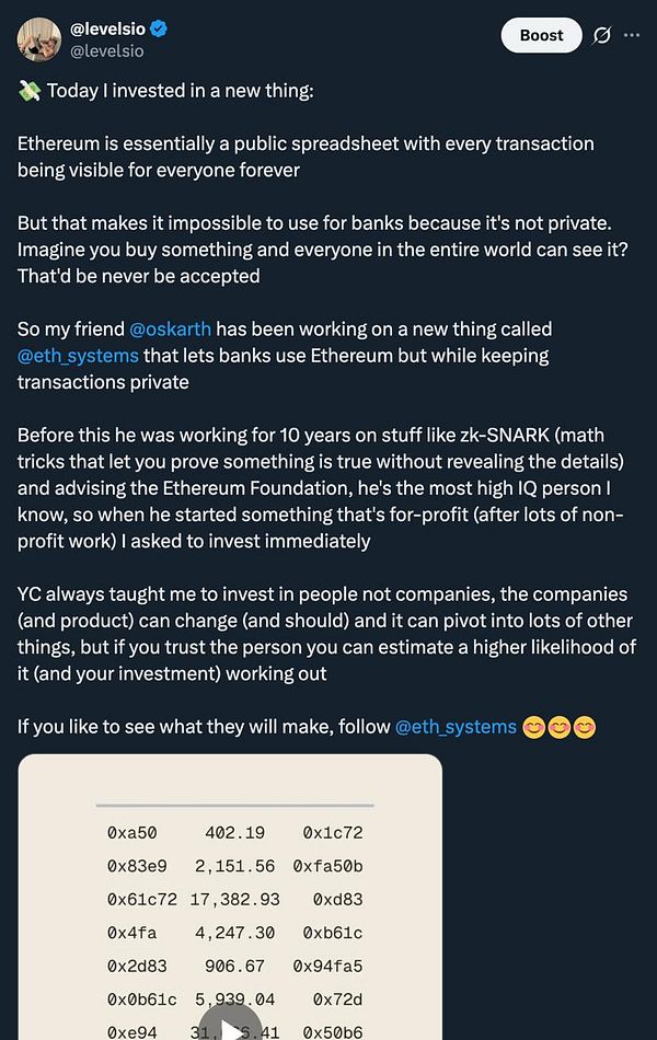 Screenshot of a Twitter post by @levelsio about investing in EthSystems, including a link and tweet metadata.