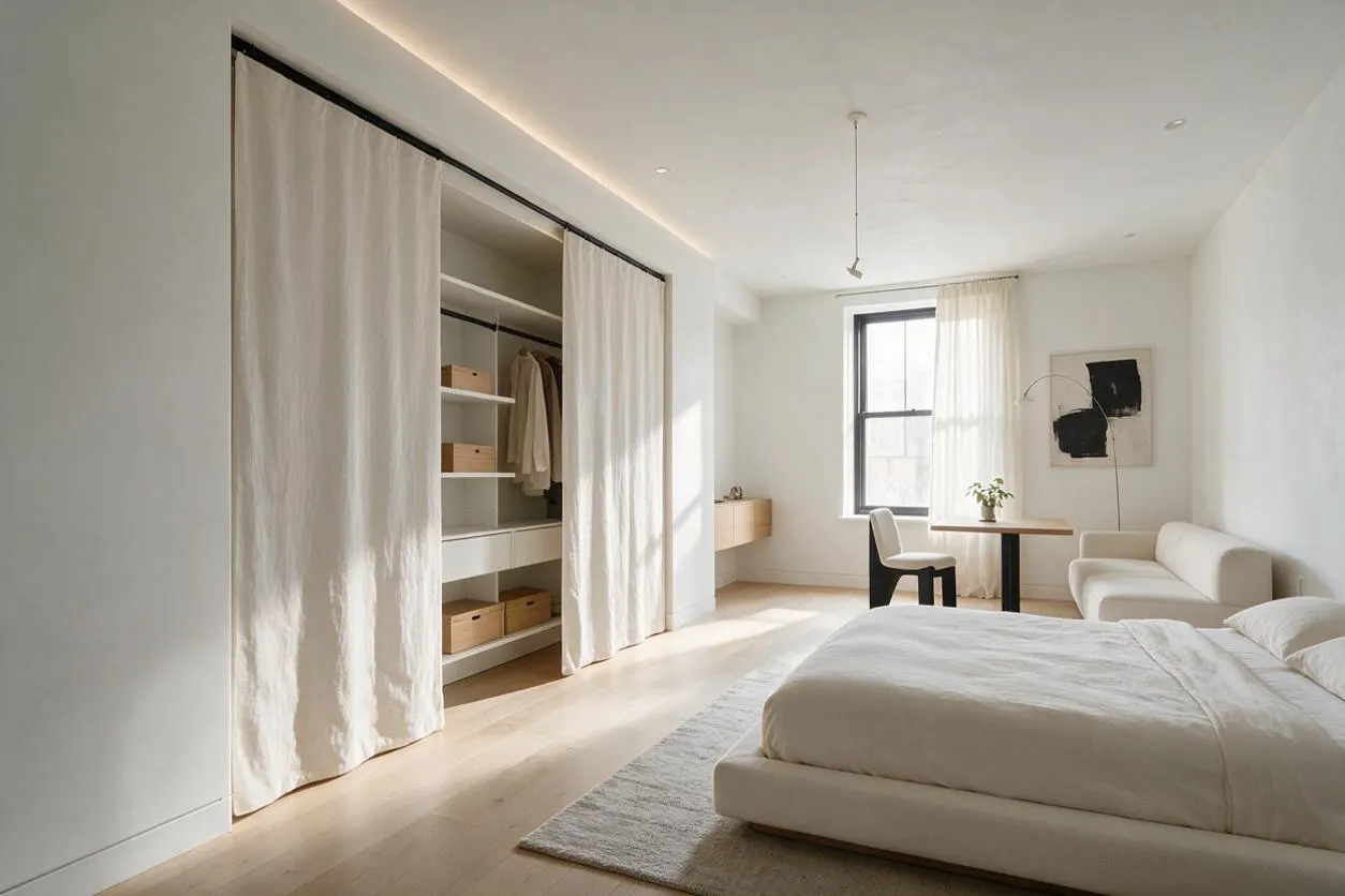 A bright minimalist bedroom with a closet hidden behind floor-length beige curtains. Inside the closet are white shelves, hanging clothes, and woven storage boxes, with warm wood flooring and natural light from a black-framed window.