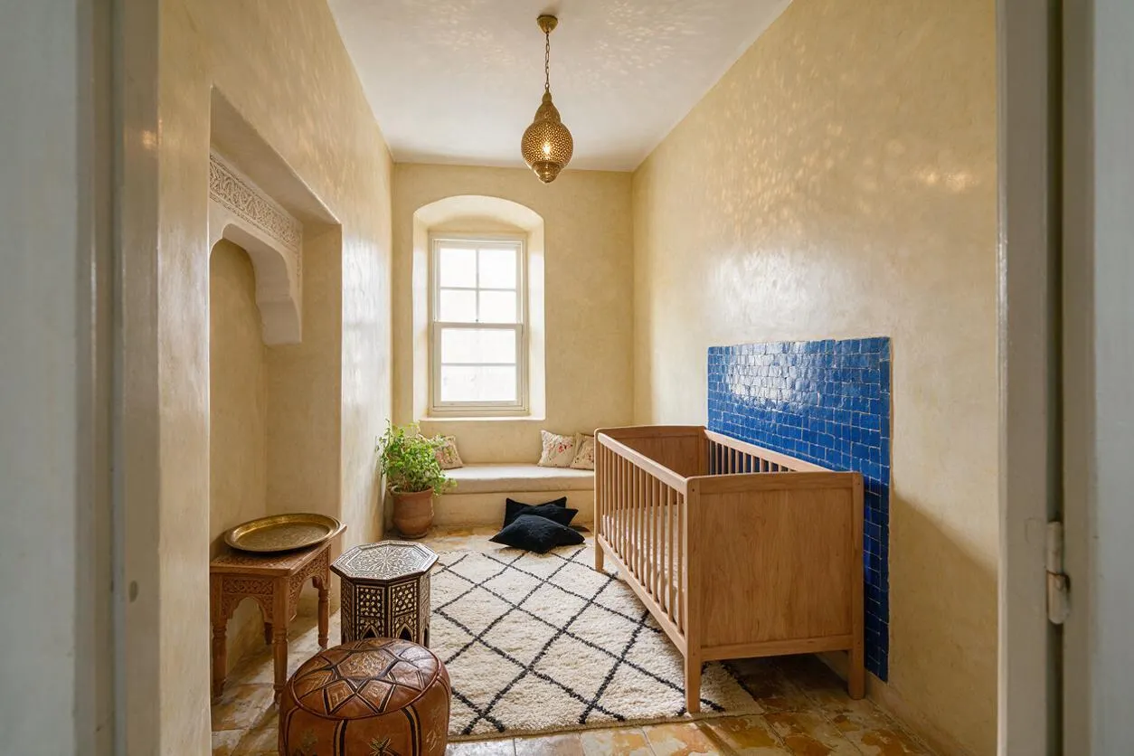 A narrow nursery with warm plaster walls, an arched alcove, and a natural wood crib placed beside a striking blue tile accent wall. The room includes a patterned rug, low Moroccan-style stools and tables, a built-in window seat, and a brass pendant light overhead.