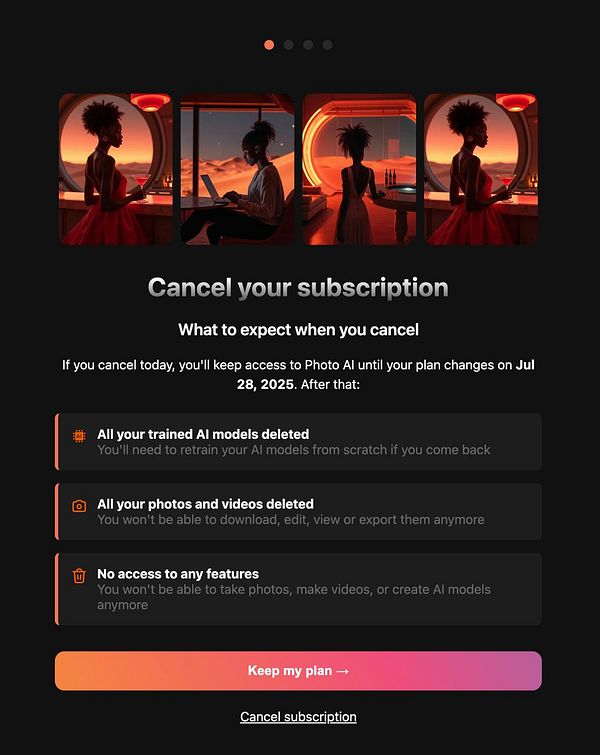 The image displays a subscription cancellation page for a service called Photo AI, outlining the consequences of canceling.