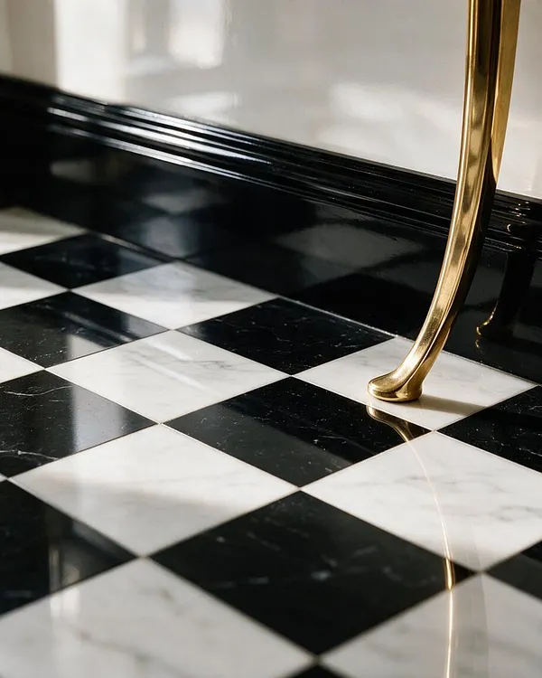 A glossy black-and-white checkerboard marble floor fills the foreground, with a polished brass furniture leg curving down at the right edge. A black painted baseboard and pale wall create a classic, high-contrast backdrop with a refined Hollywood Regency feel.