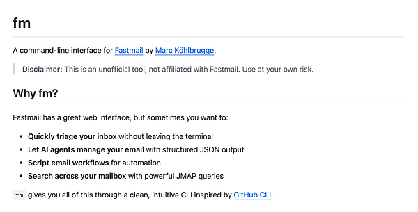 Screenshot of a terminal running fastmail CLI commands showcasing email management via the command line.