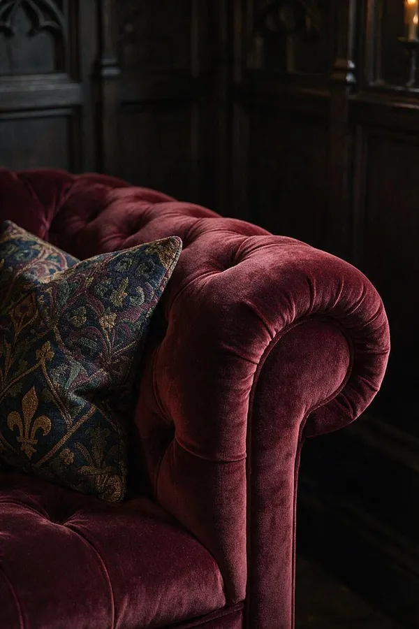 A close-up of a deep burgundy velvet Chesterfield-style sofa with rolled arms and tufted upholstery, paired with a patterned decorative cushion in jewel tones and gold. The background features dark paneled wood walls, creating a moody, Gothic-inspired interior.