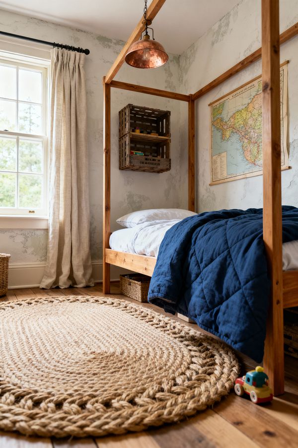 A bright kids’ bedroom with a natural wood canopy bed placed against a mottled limewashed wall. White bedding is topped with a deep navy quilt, and an oval braided jute rug sits on wide-plank wood flooring. A hammered copper pendant light hangs overhead, while a paned window with beige linen curtains brings in daylight. Wooden crate wall shelves hold toys and books, woven baskets tuck beneath the bed, and a framed vintage map decorates the wall with a small toy on the floor.