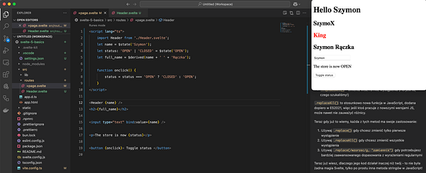 The image displays a coding environment featuring a Svelte component and a live preview of a web application.