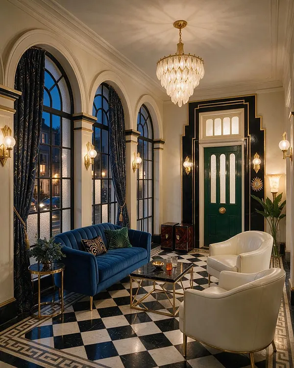 A luxurious Art Deco front porch with tall arched windows, dark drapery, a green paneled front door, and a sparkling tiered chandelier. The space features a black-and-white checkered floor, a deep blue velvet sofa, cream lounge chairs, brass accents, and glossy black-and-gold trim.