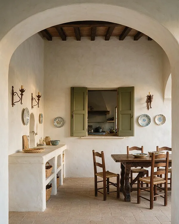 A Mediterranean-style backyard dining area with white stucco arches, exposed dark wood ceiling beams, and olive-green shutters framing a serving window. The space includes a rustic wood table with woven-seat chairs, a plaster counter with baskets, and decorative ceramic plates on the walls.