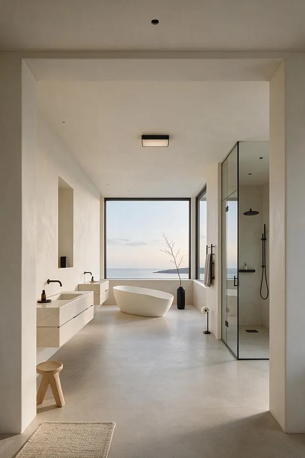 A spacious minimalist master bathroom with a freestanding oval tub centered by a large picture window overlooking the ocean. Floating stone vanities line the left wall, while a glass-enclosed shower with black fixtures sits on the right, all in a calm palette of warm white, beige, and soft gray.