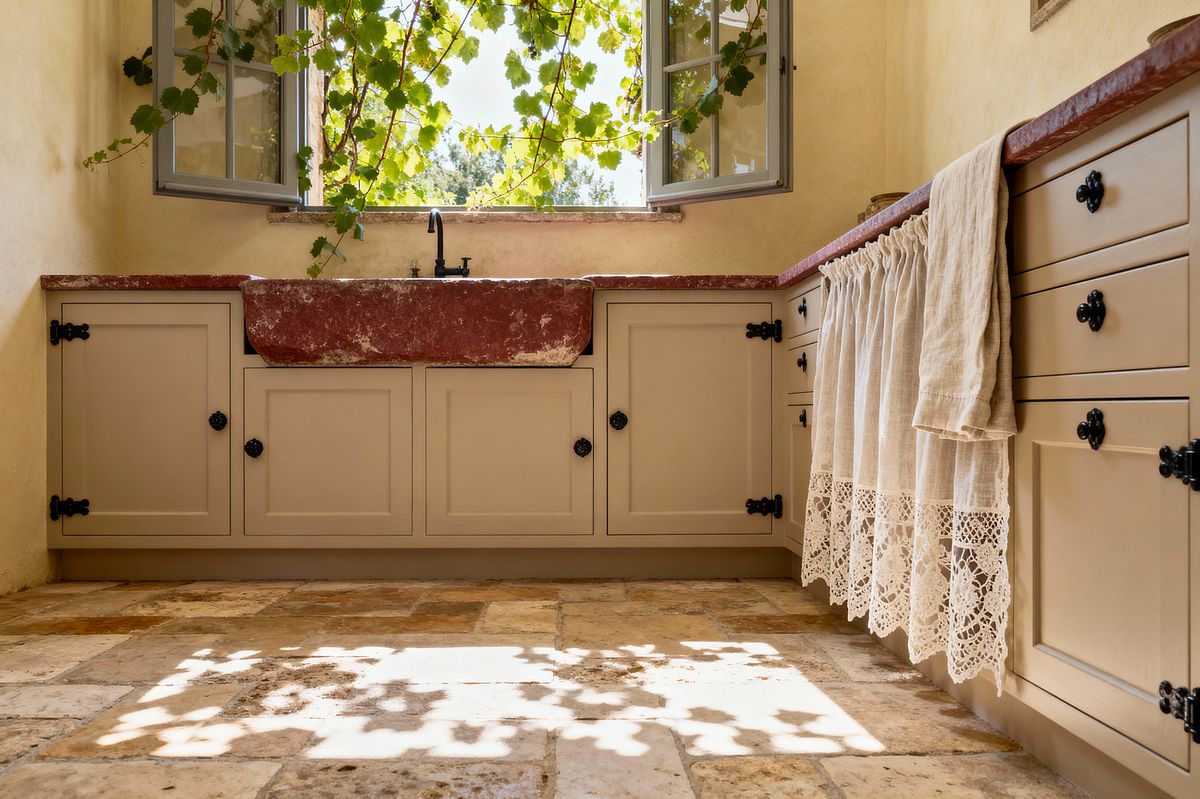Room AI – French Country Laundry with Burgundy Stone Sink - Interior