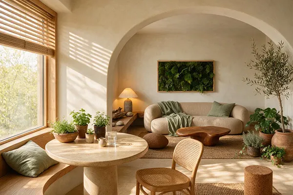 A warm, sunlit lounge with a curved cream sofa, round pedestal table, woven chair, and many potted plants arranged around the room. A large arched opening, wood blinds, a moss wall panel, and natural textures in wood, wicker, and stone create a calm biophilic atmosphere.