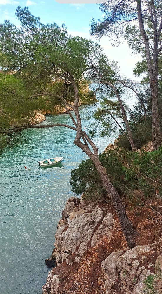 A serene coastal scene featuring a small boat and a swimmer in clear waters.