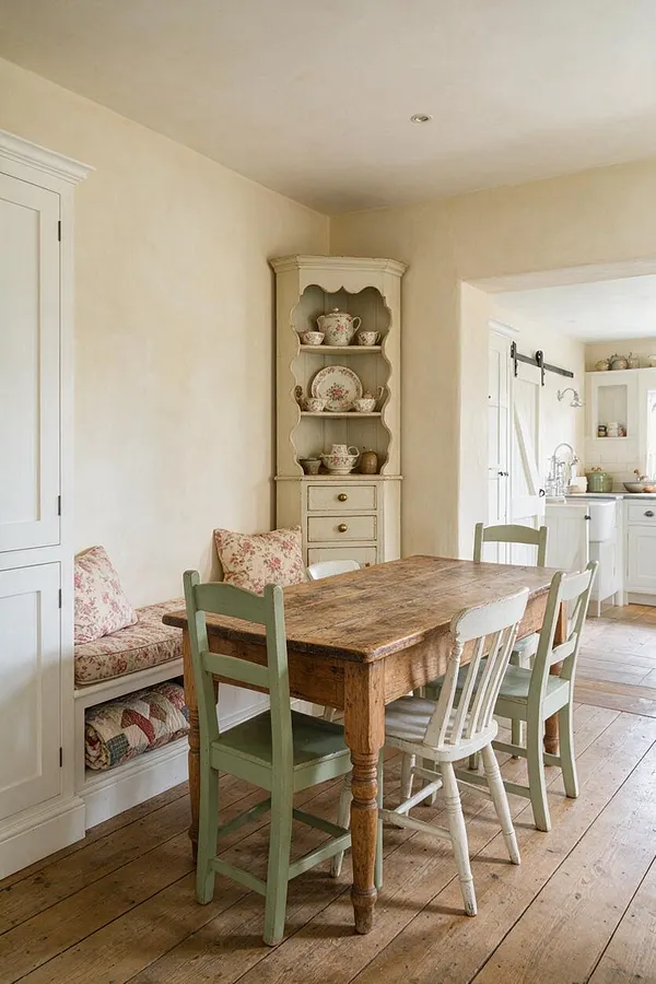 A cozy cottagecore dining room with a rustic wooden table surrounded by mismatched painted chairs in soft green and white. Built-in seating with floral cushions lines the wall, and a cream hutch displays delicate floral china. Light plaster walls and worn wood floors create a warm, lived-in farmhouse feel.