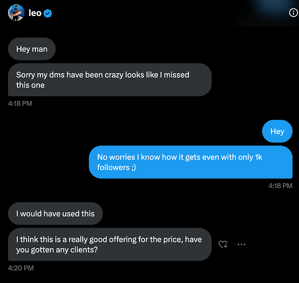 A conversation in a messaging app between two individuals discussing collaboration and client acquisition.