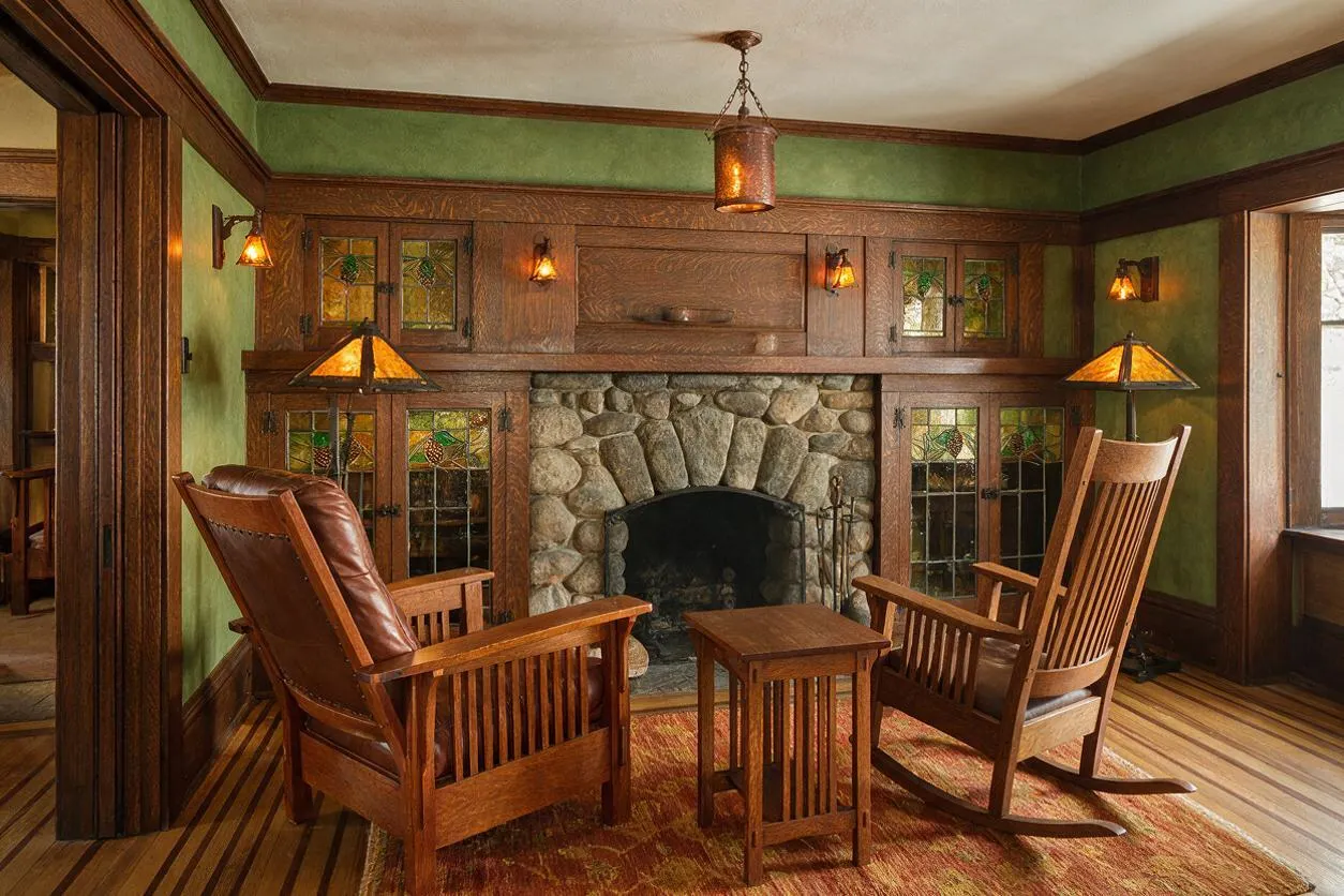 A Craftsman-style living room with a rough stone fireplace centered on a wall of built-in wood cabinets and stained glass panels. Two wooden rocking chairs with leather cushions face a small wood table on a patterned rug, while green walls, amber sconces, and a copper pendant create a warm, cozy atmosphere.