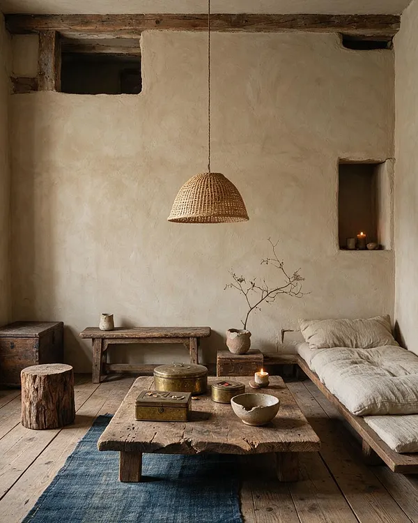 A serene game room with plaster walls, exposed timber beams, and weathered wood flooring. Low rustic seating, a rough-hewn wood coffee table, woven pendant light, and soft neutral cushions create a calm Wabi-Sabi atmosphere.