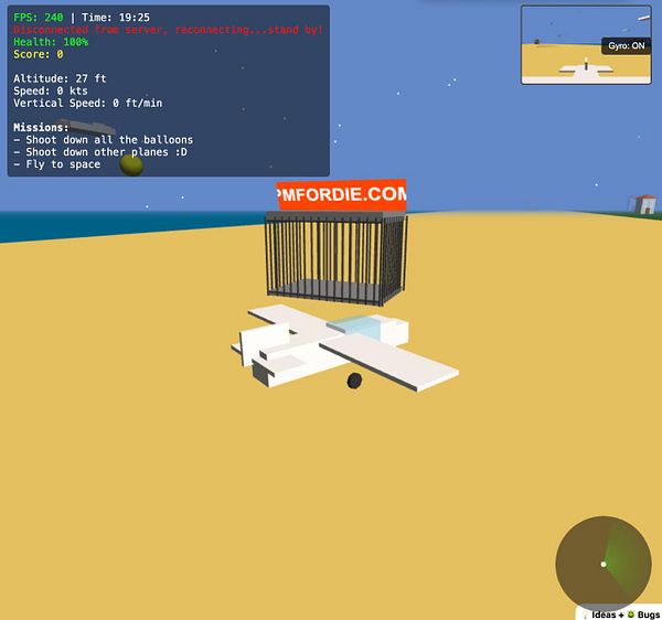 A virtual game scene featuring a small airplane on a beach with a prison structure nearby.