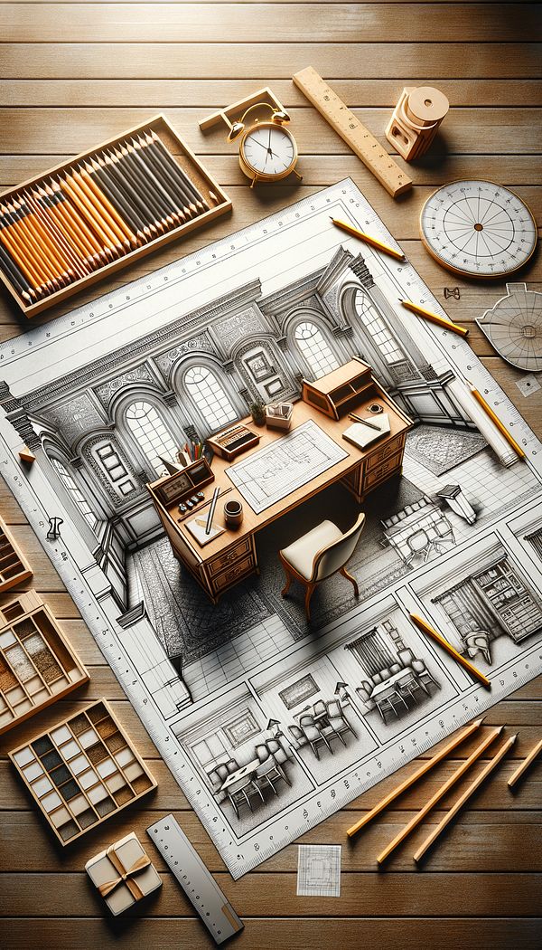 A desk with several sketches of room layouts spread out, showing furniture placement, windows, and doorways, with a pencil and ruler lying nearby.