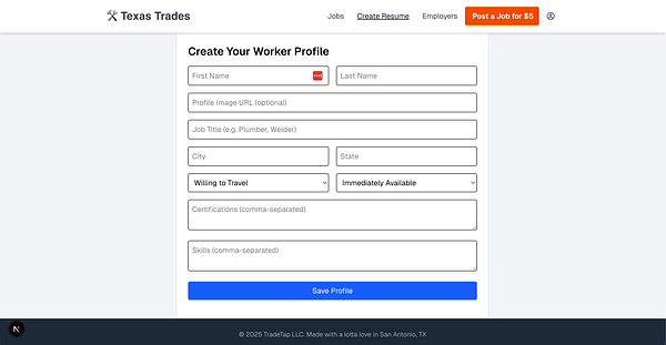 The image displays a form for creating a worker profile on the Texas Trades website.