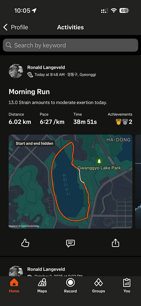 A detailed running activity log showing a 6.02 km route around Swanggyo Lake Park.