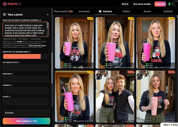 A user interface for a photo generation tool displaying various images of a model holding a pink tumbler.