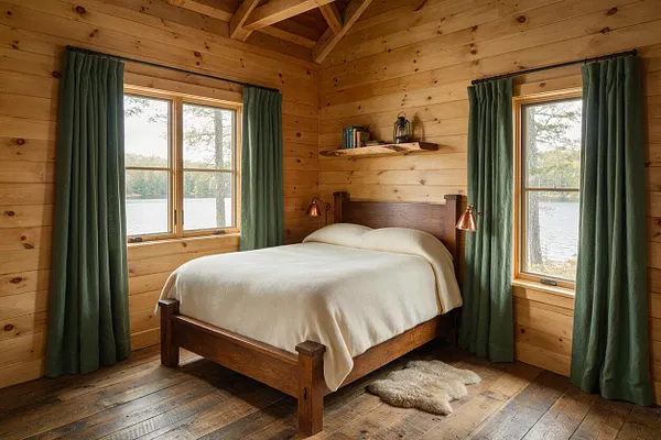 A rustic master bedroom with knotty wood-paneled walls and ceiling, a dark wood bed dressed in cream bedding, and green curtains framing two windows that look out onto a lake. The room includes a wood floor, a small wall shelf with books and a lantern, copper reading lamps, and a sheepskin rug beside the bed.