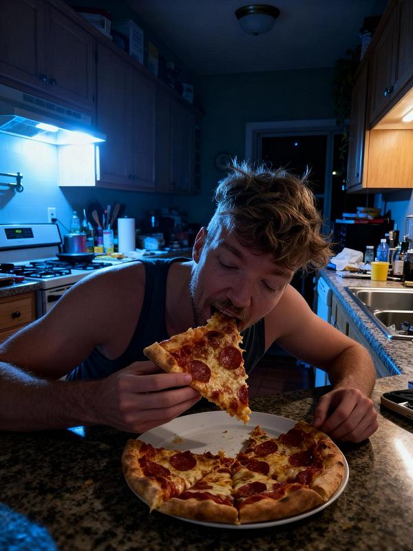 A man is enjoying a slice of pepperoni pizza in a dimly lit kitchen.